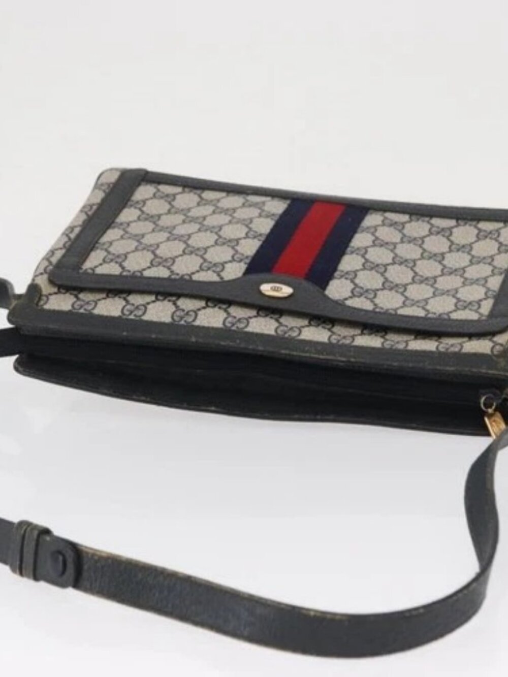 GUCCI GG Supreme Sherry Line Bag PVC Navy Gold Red 14 02 013 Auth 164136 - Picture 7 of 16